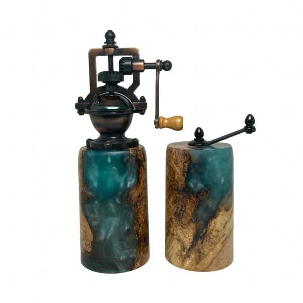 Pepper and Salt Mills - Yellow Birch Burl and Aqua Resin #6 - Image 3