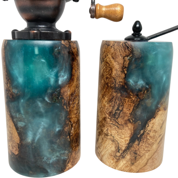 Pepper and Salt Mills - Yellow Birch Burl and Aqua Resin #6 - Image 4