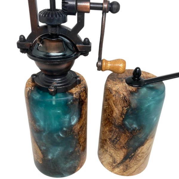 Pepper and Salt Mills - Yellow Birch Burl and Aqua Resin #6 - Image 5