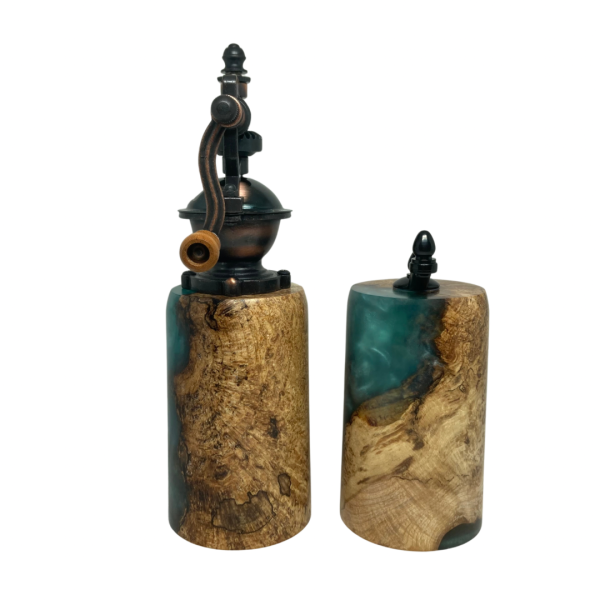 Pepper and Salt Mills - Yellow Birch Burl and Aqua Resin #6 - Image 6