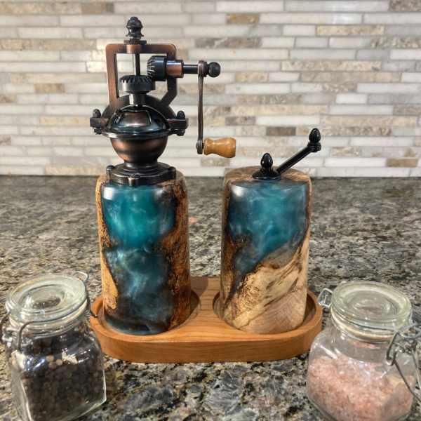 Pepper and Salt Mills - Yellow Birch Burl and Aqua Resin #6 - Image 2