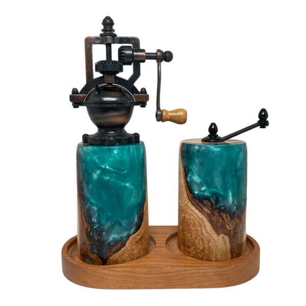 Pepper and Salt Mills - Cherry Burl and Aqua Resin #1