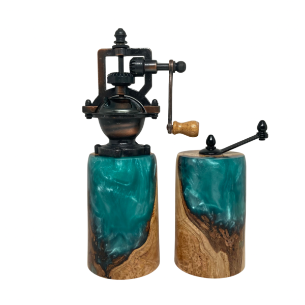 Pepper and Salt Mills - Cherry Burl and Aqua Resin #1 - Image 4