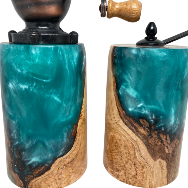 Pepper and Salt Mills - Cherry Burl and Aqua Resin #1 - Image 5