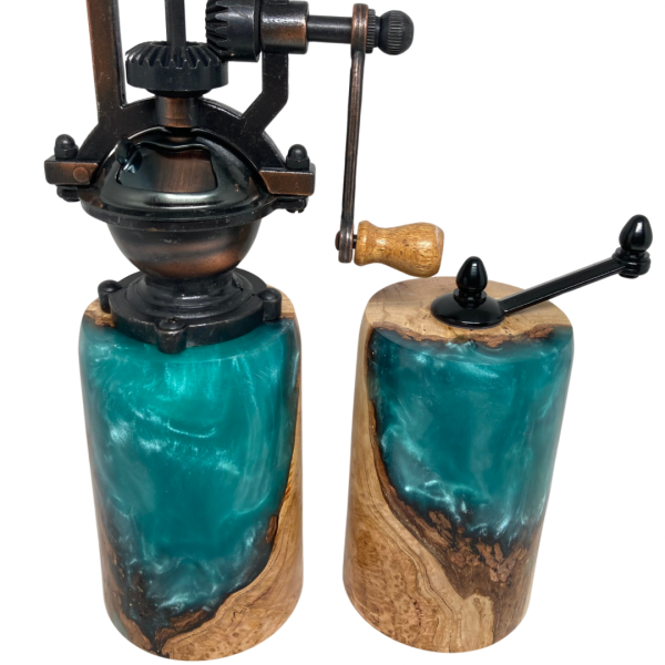 Pepper and Salt Mills - Cherry Burl and Aqua Resin #1 - Image 6