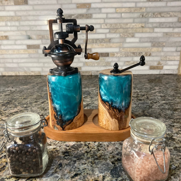 Pepper and Salt Mills - Cherry Burl and Aqua Resin #1 - Image 3