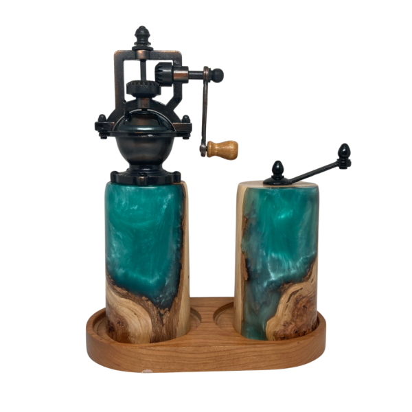 Pepper and Salt Mills - Cherry Burl and Aqua Resin #3