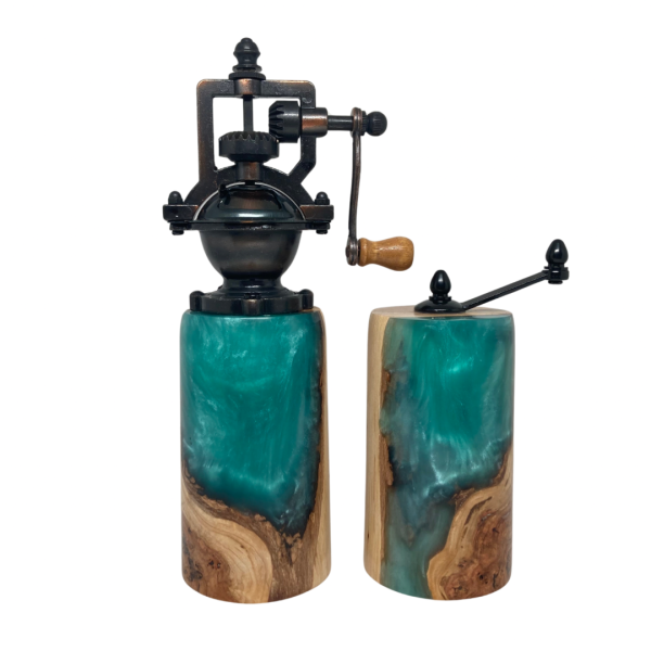 Pepper and Salt Mills - Cherry Burl and Aqua Resin #3 - Image 4