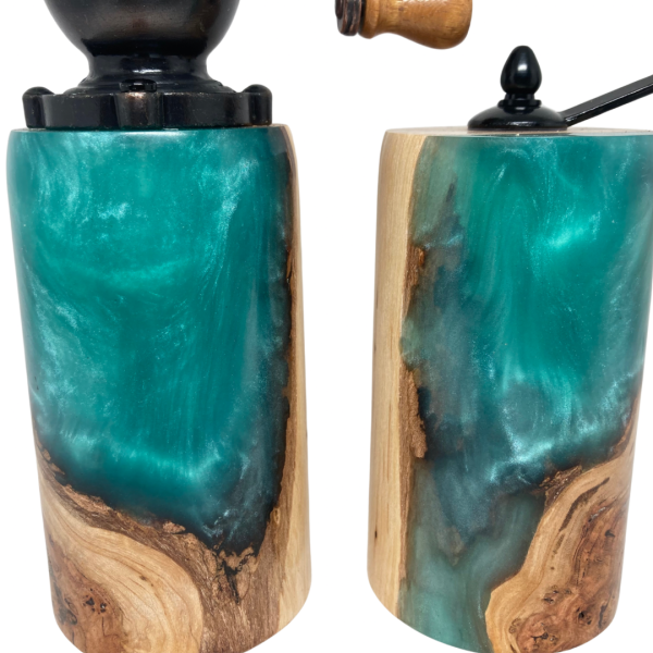 Pepper and Salt Mills - Cherry Burl and Aqua Resin #3 - Image 5