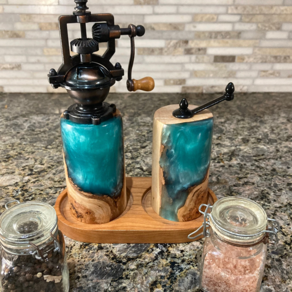 Pepper and Salt Mills - Cherry Burl and Aqua Resin #3 - Image 3